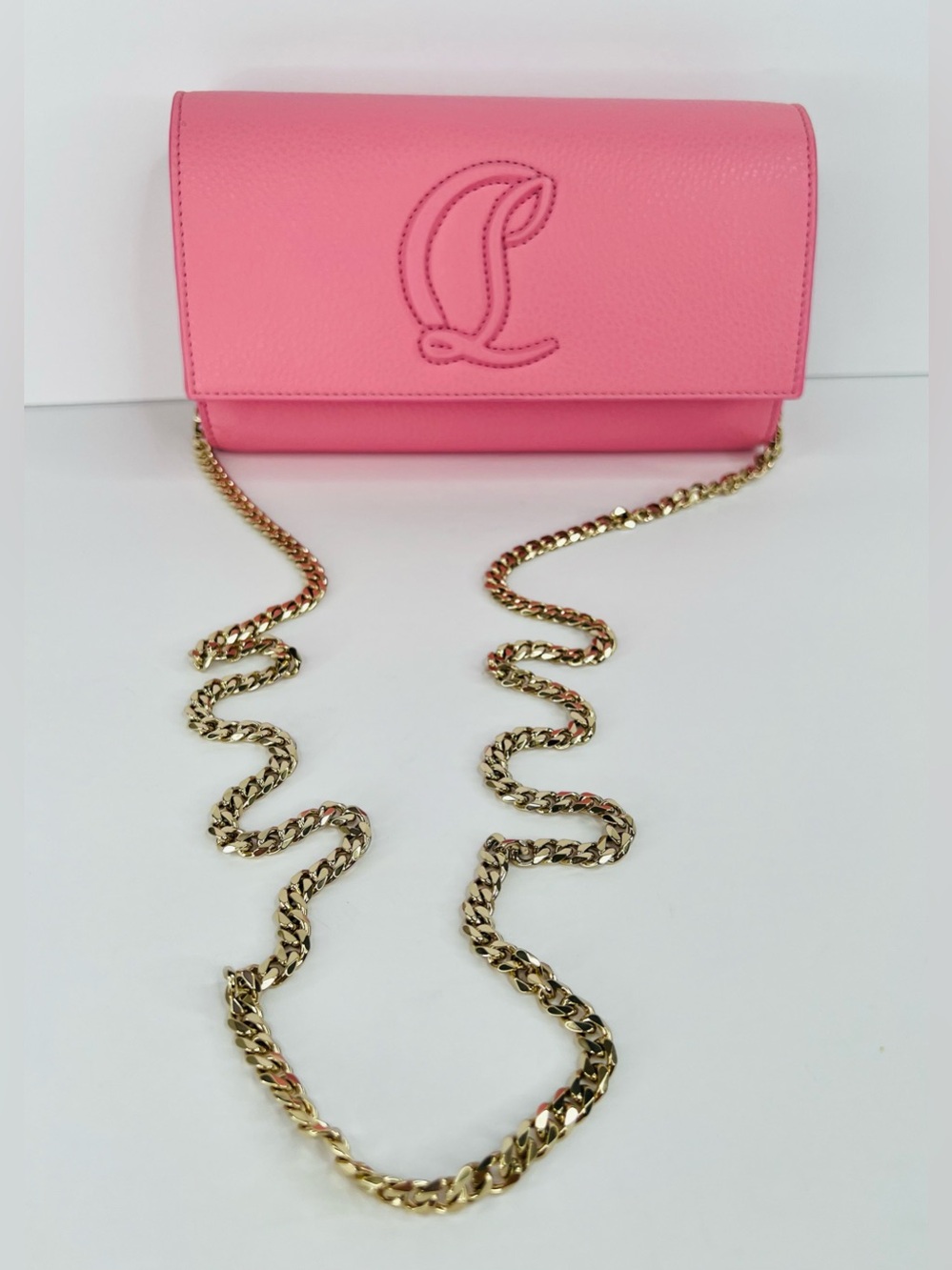 CHRISTIAN LOUBOUTIN By My Side Calipso Pink Calf Leather Logo Wallet Gold Chain - Picture 3 of 16